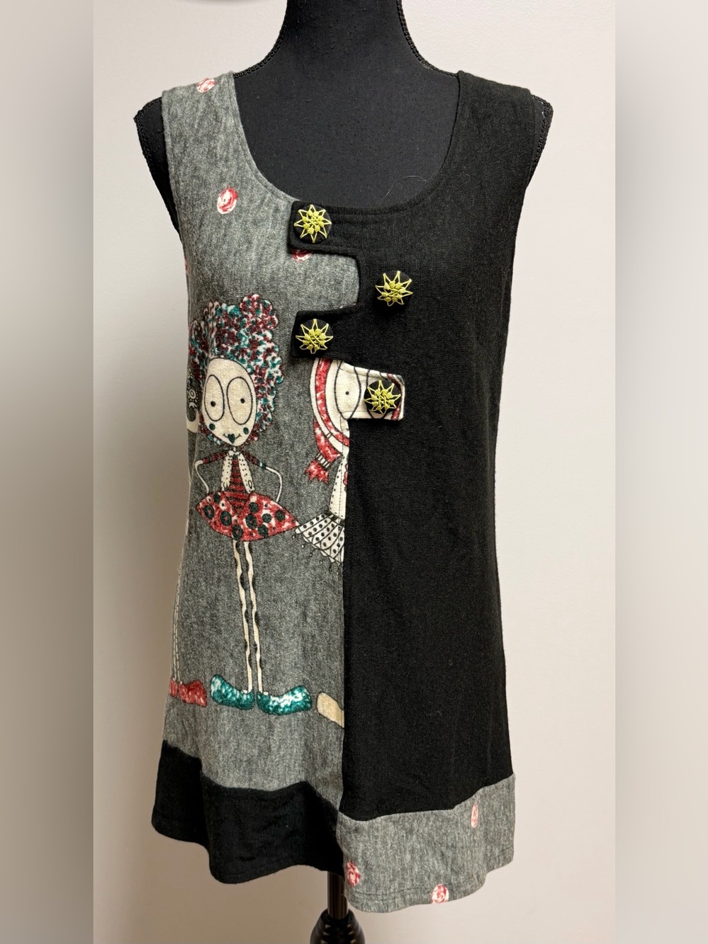 Cache Cache Whimsical Doll Graphic Tunic Dress Lagenlook Colorblock Mini Small